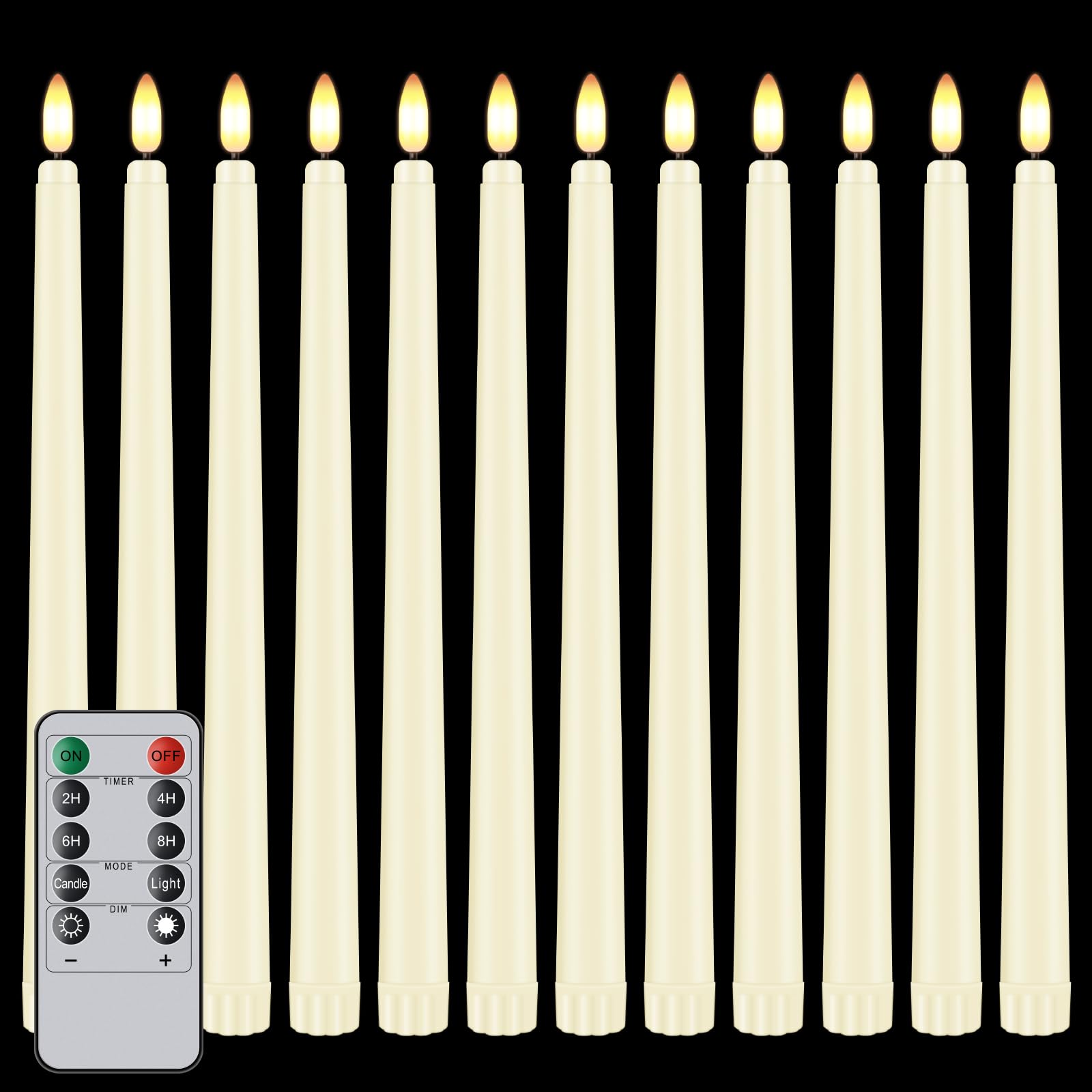 Hopule 12-pack flameless taper candles in ivory glow for weddings and holidays.