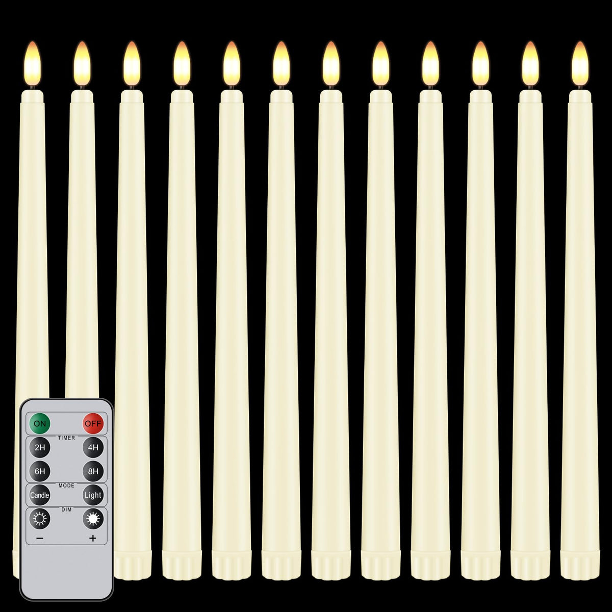 Hopule 12-pack flameless taper candles in ivory glow for weddings and holidays.