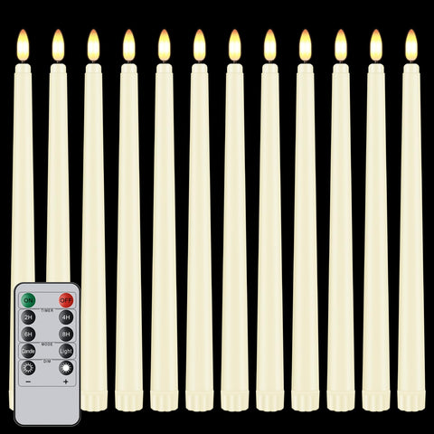 Hopule 12-pack flameless taper candles in ivory glow for weddings and holidays.