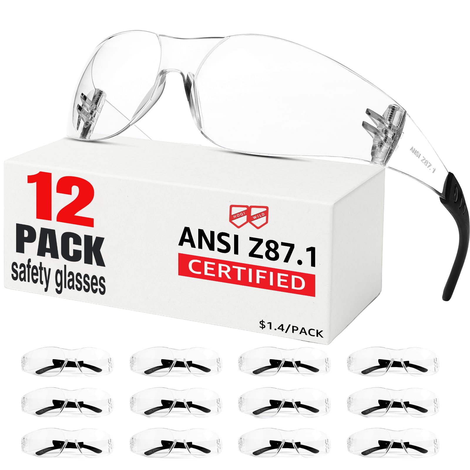 Hoqiwild 12-pack safety glasses for clear vision and reliable eye protection.