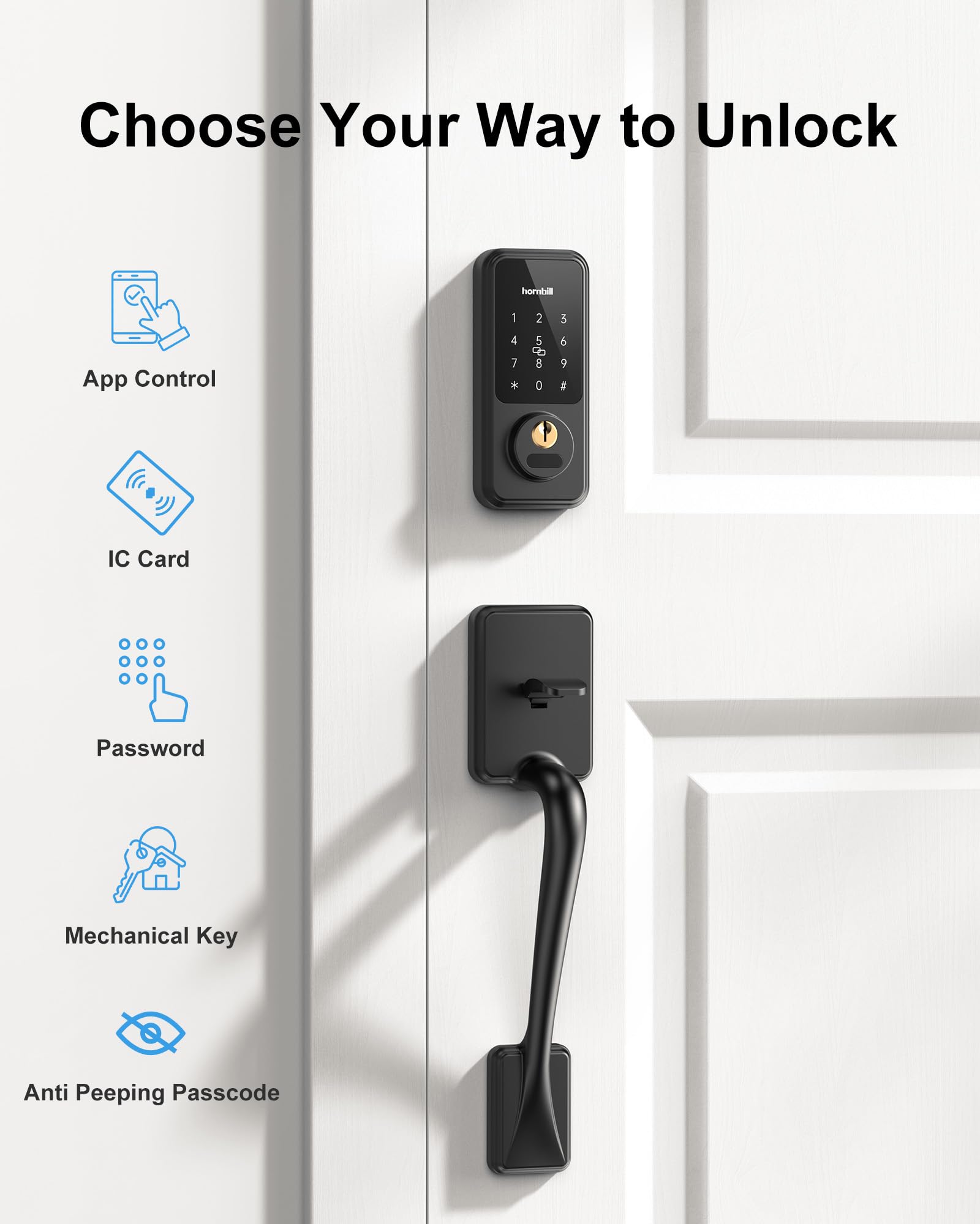 Hornbill auto-lock feature ensures door secures after closing.