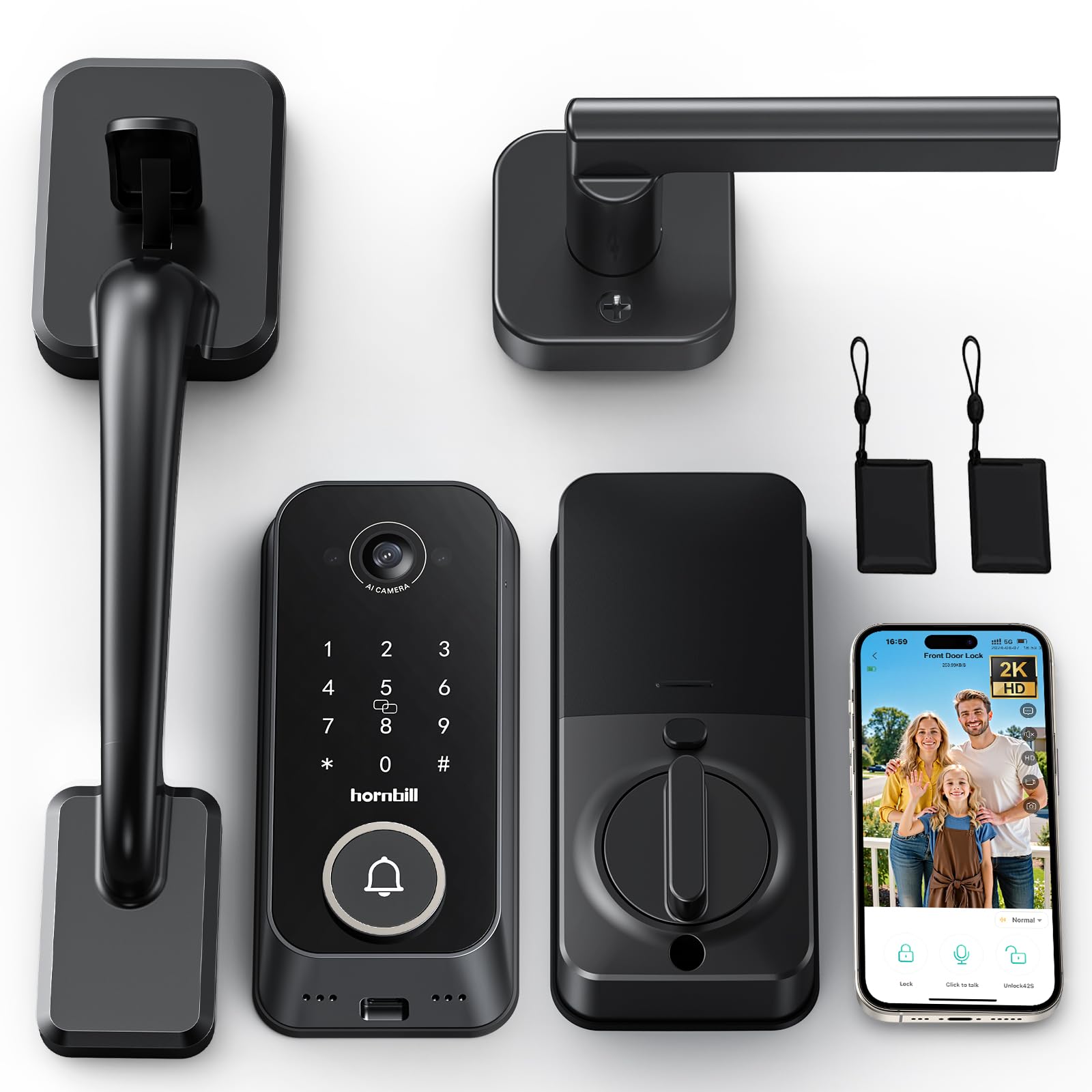 Hornbill smart front door lock with 2K camera for enhanced outdoor monitoring.