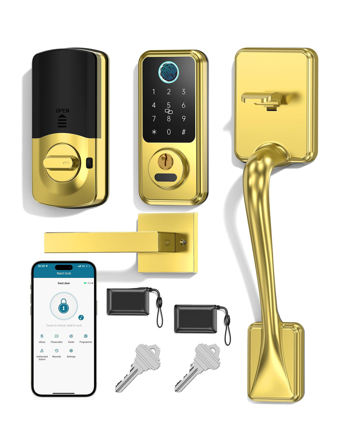 Hornbill smart lock front door close-up with brushed gold finish for stylish entry