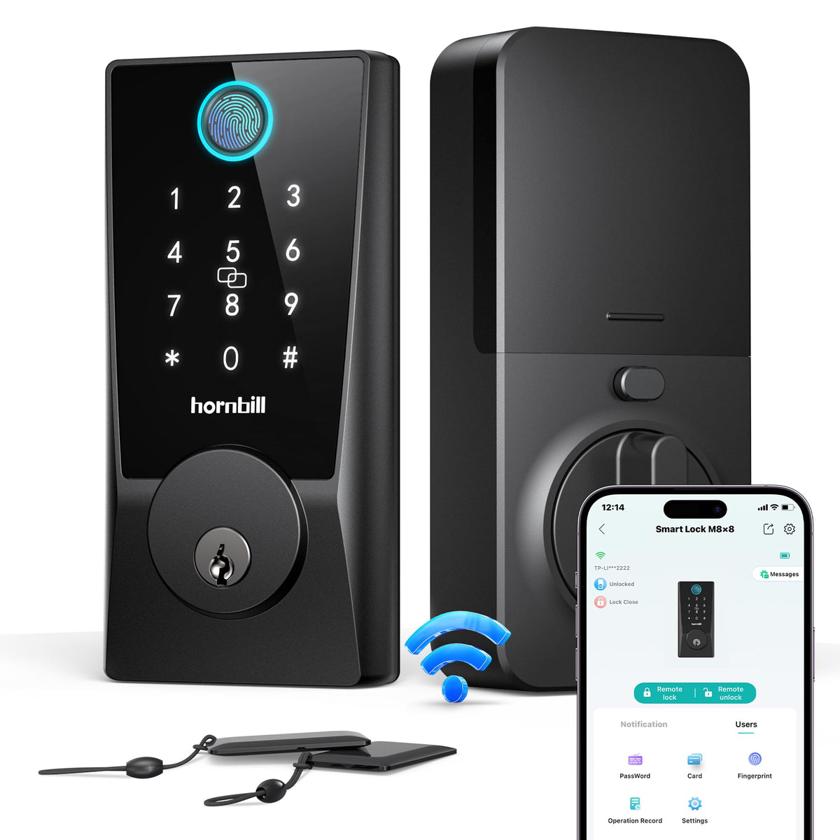 Hornbill WiFi Smart Lock front-door installation shows keyless entry setup.