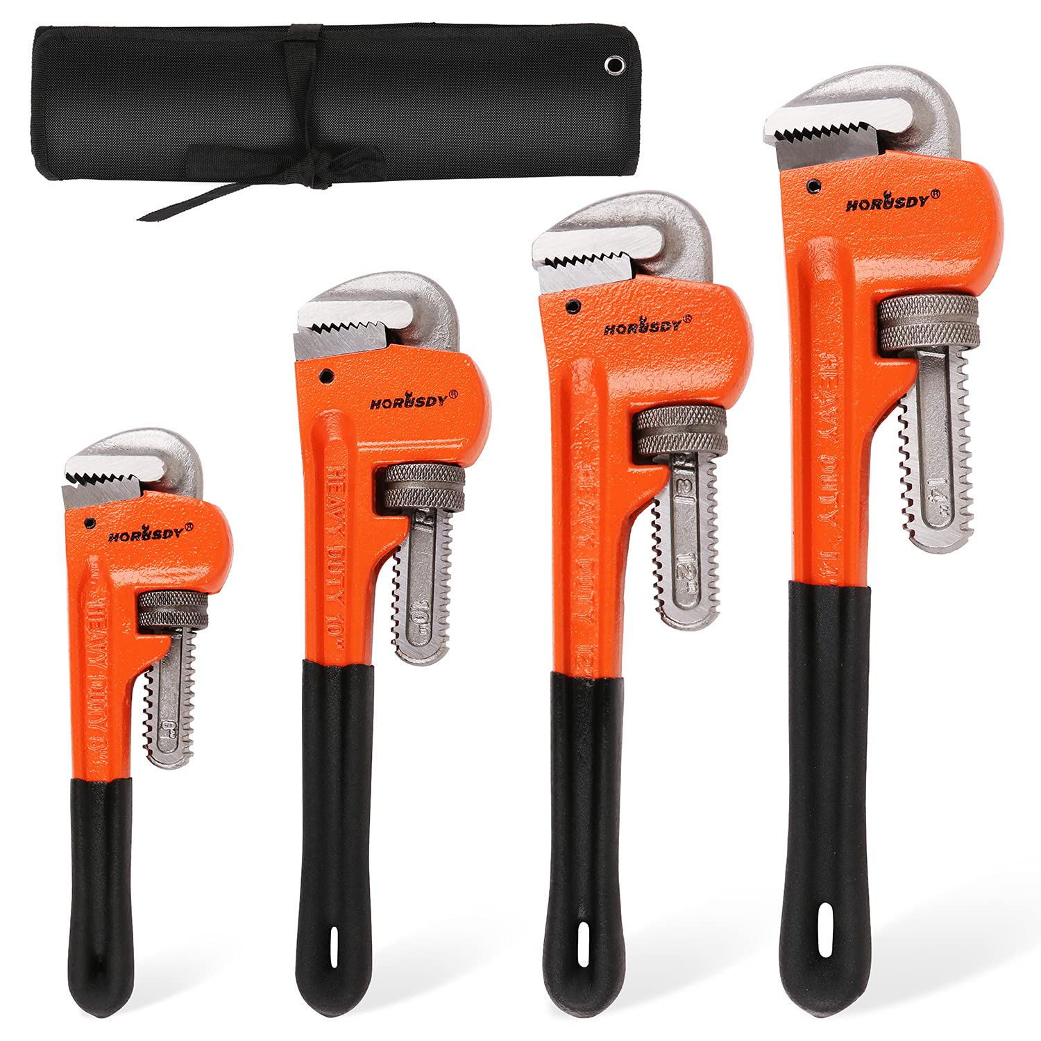 HORUSDY 8in heavy-duty pipe wrench showing secure grip for stubborn fittings