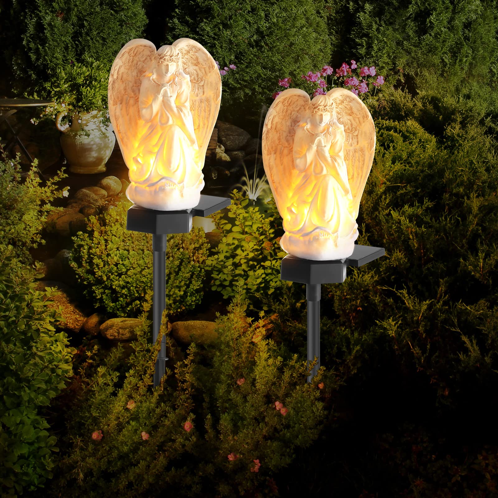 Hortsun garden angel solar light adds soft nighttime illumination to the garden.