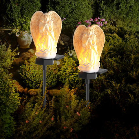 Hortsun garden angel solar light adds soft nighttime illumination to the garden.