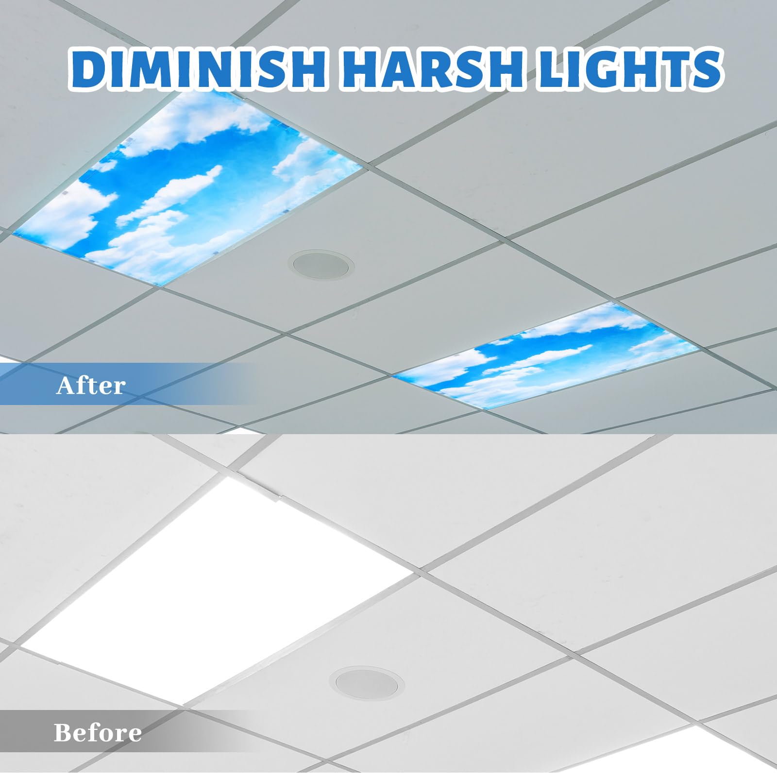 Hortsun blue sky cloud pattern drop ceiling shade enhances decor.