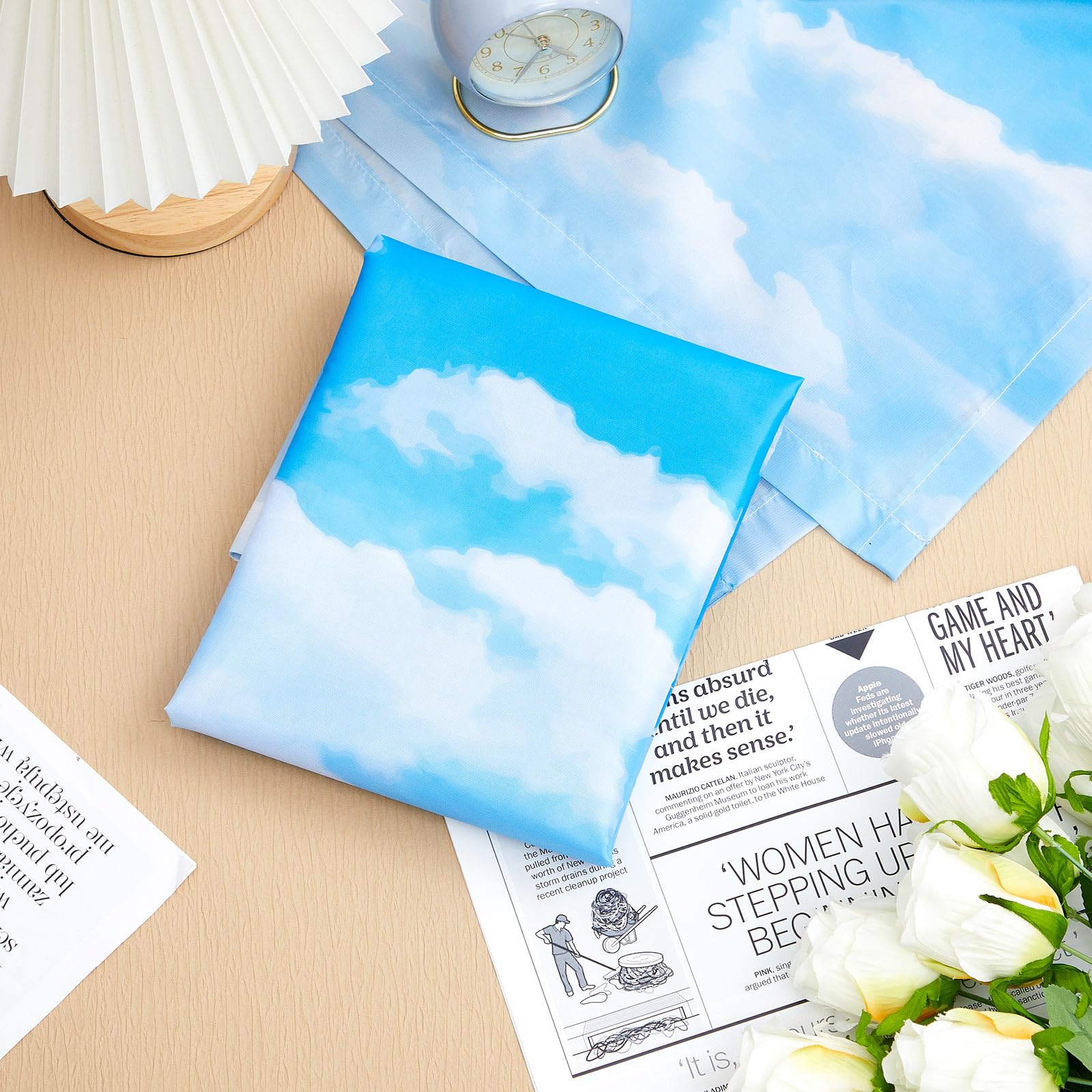 Hortsun blue sky cloud pattern light cover reduces glare on workspaces.