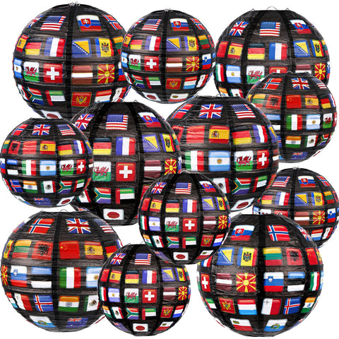 Hortsun all-nations 8in lanterns brighten birthday party with vibrant multicolor flag designs.