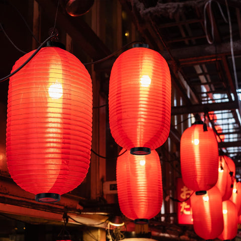 Hortsun lanterns outdoors in garden, warm lights enhancing evening ambiance.