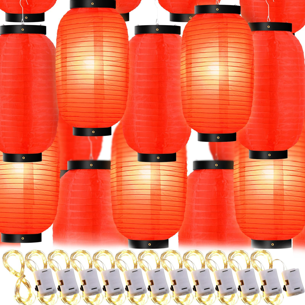 Hortsun Japanese silk lanterns closeup in red, sturdy frame supports elegant ambient light.