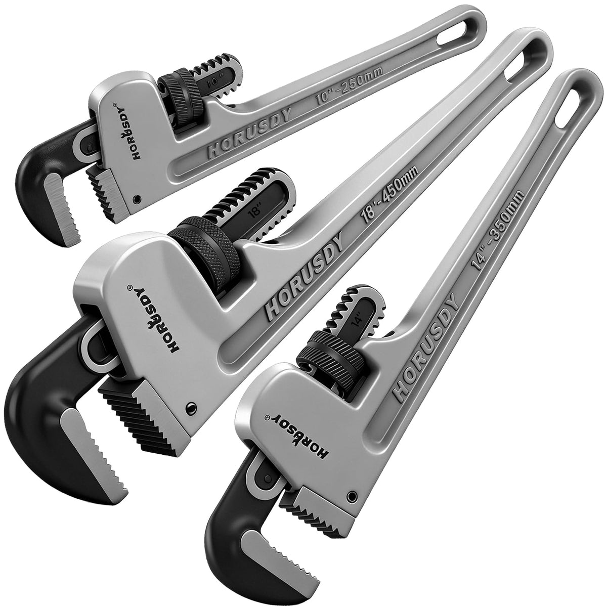 HORUSDY 10-inch aluminum pipe wrench with adjustable jaw for quick plumbing adjustments.