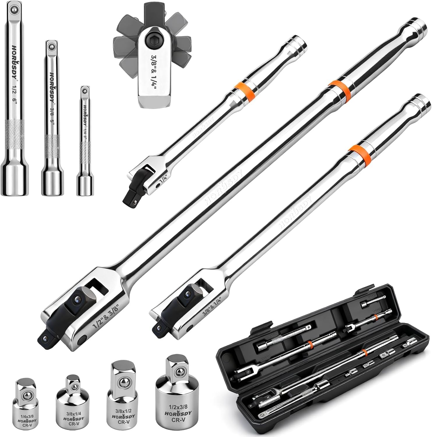 HORUSDY 10-piece dual-drive breaker bar set in a durable case for quick on-site torque