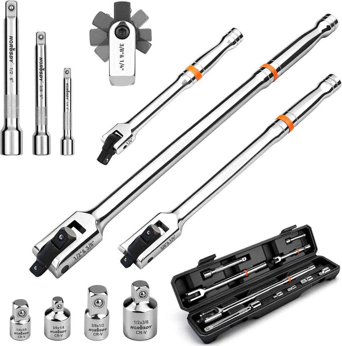HORUSDY 10-piece dual-drive breaker bar set in a durable case for quick on-site torque