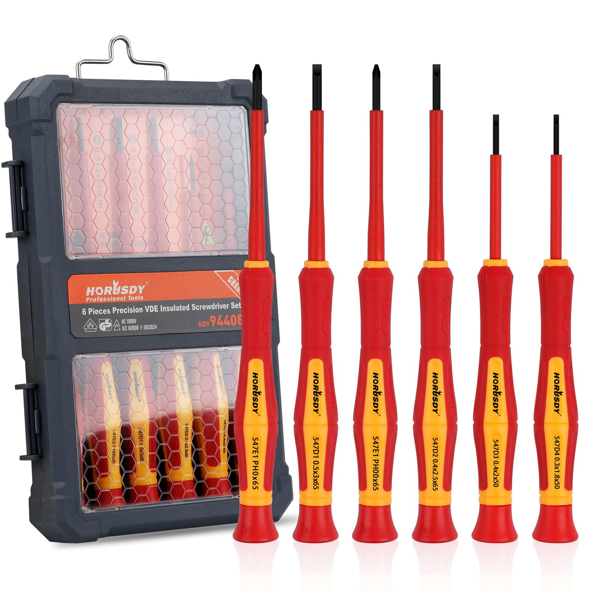 HORUSDY 1000V mini insulated screwdriver set with a compact case for safe electronics work.