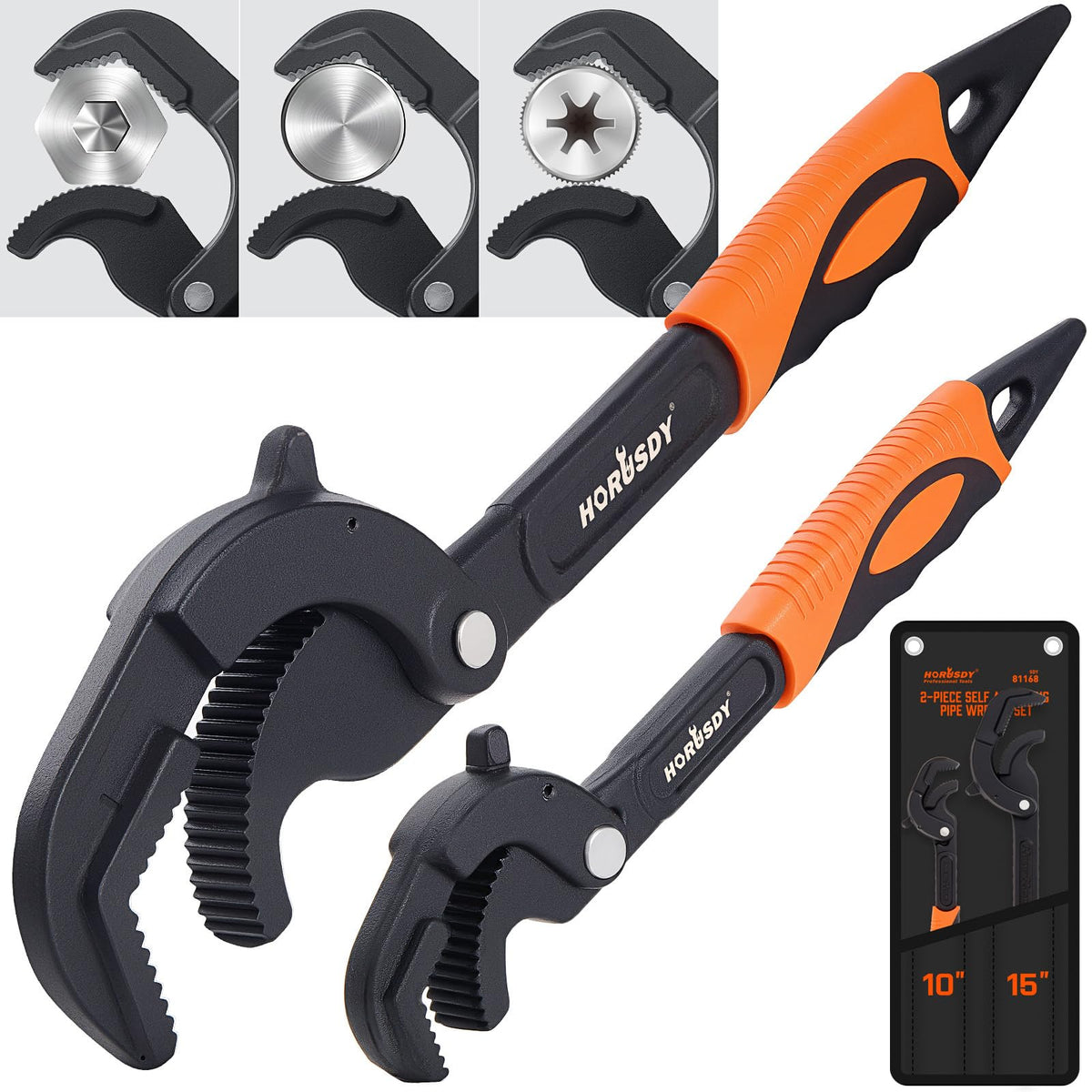 HORUSDY 10-inch self-adjusting pipe wrench jaw in action for plumbing tasks.