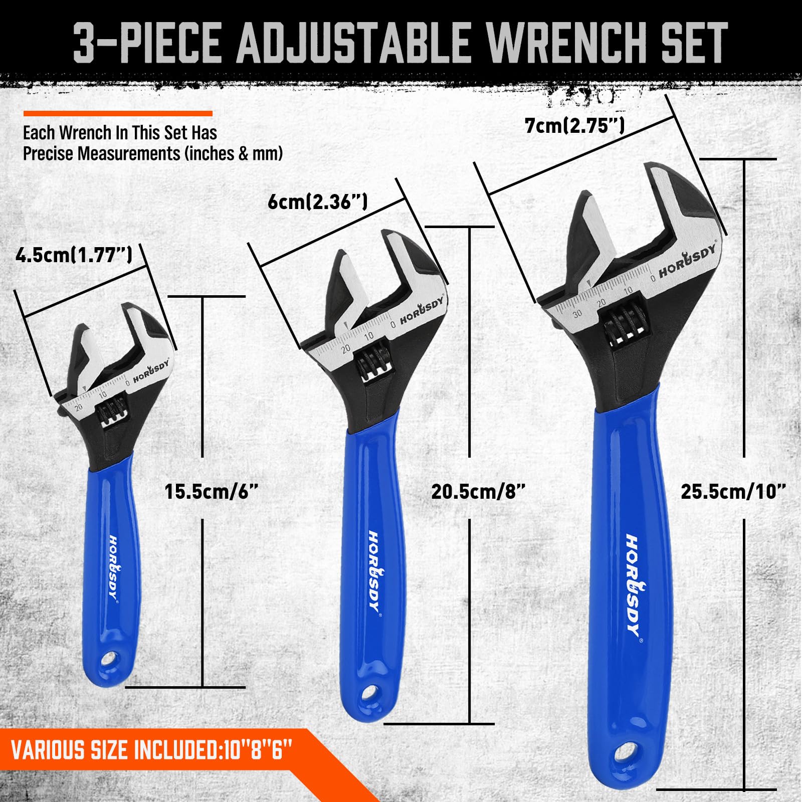 HORUSDY 10-inch adjustable wrench offering reach for plumbing and assembly tasks.