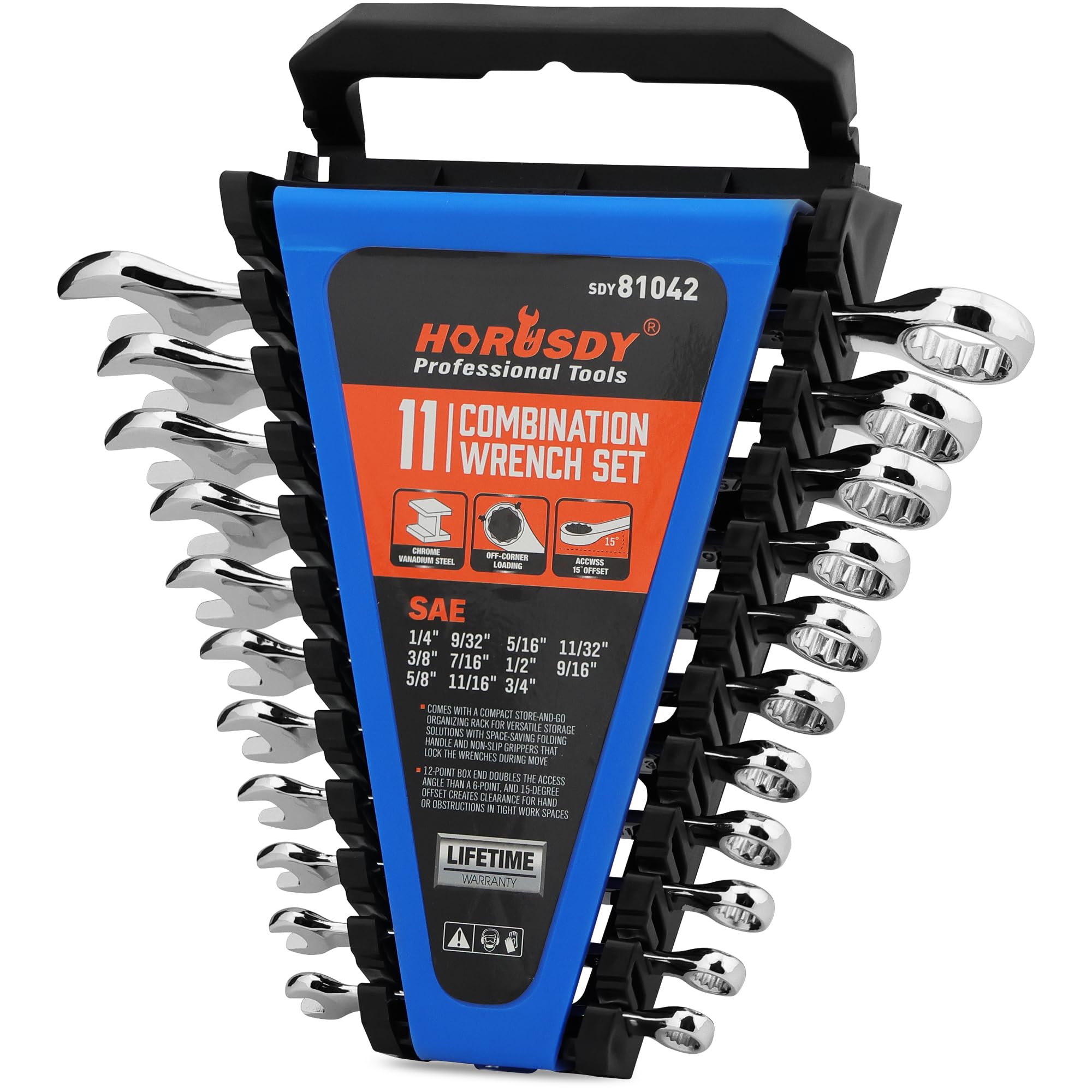 HORUSDY 11-piece SAE wrench set organized in its rack