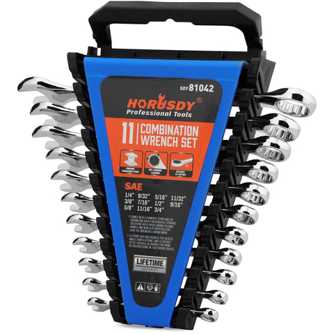 HORUSDY 11-piece SAE wrench set organized in its rack