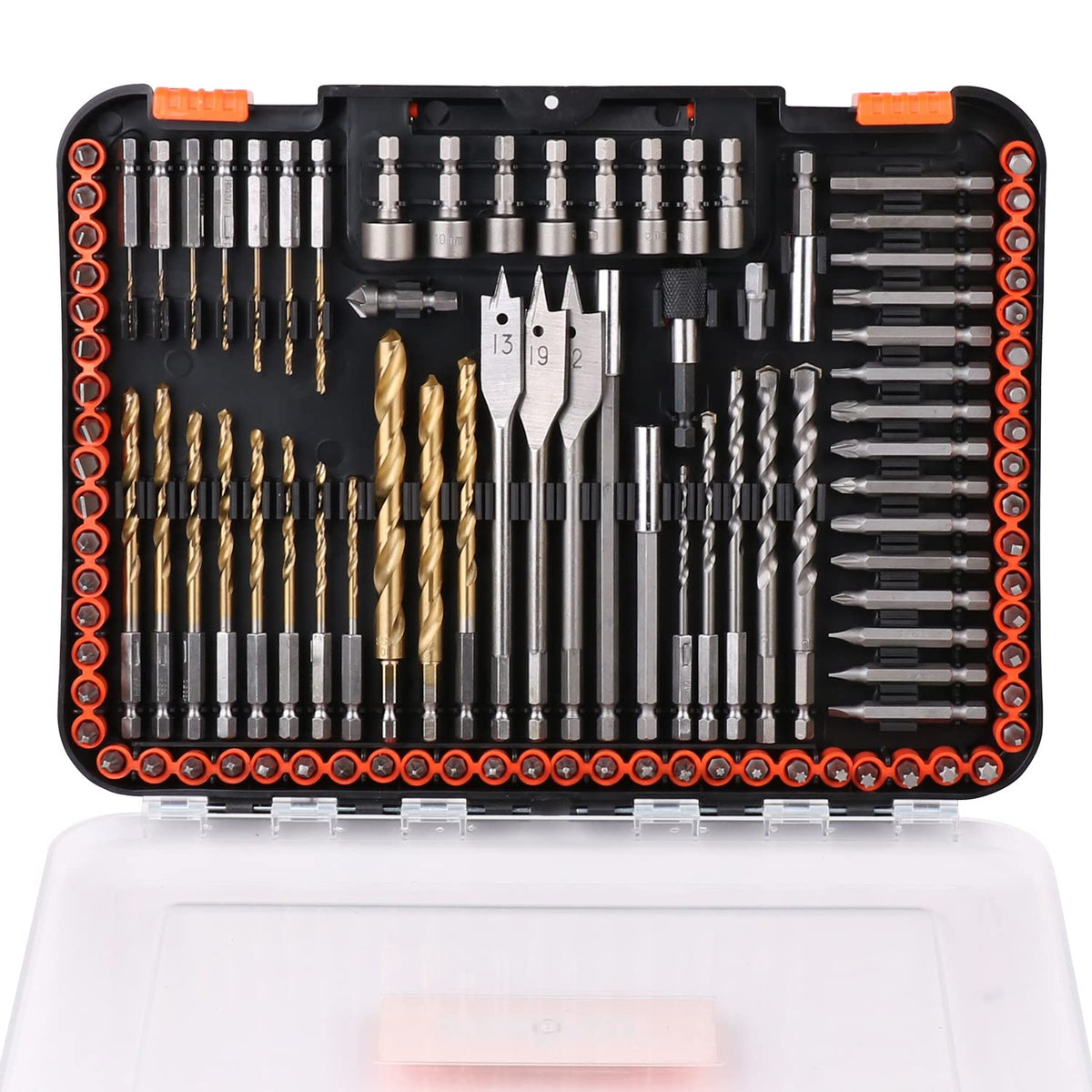 HORUSDY 112-piece drill set displayed in case for versatile DIY projects