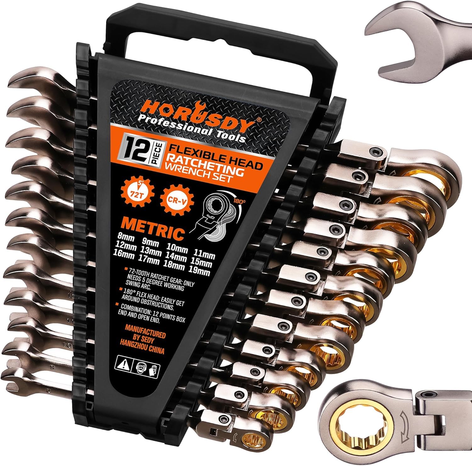 HORUSDY 12-piece metric flex-head wrenches organized for quick access and durability.