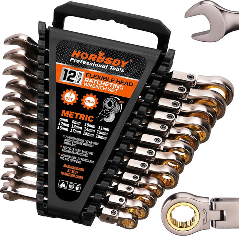 HORUSDY 12-piece metric flex-head wrenches organized for quick access and durability.