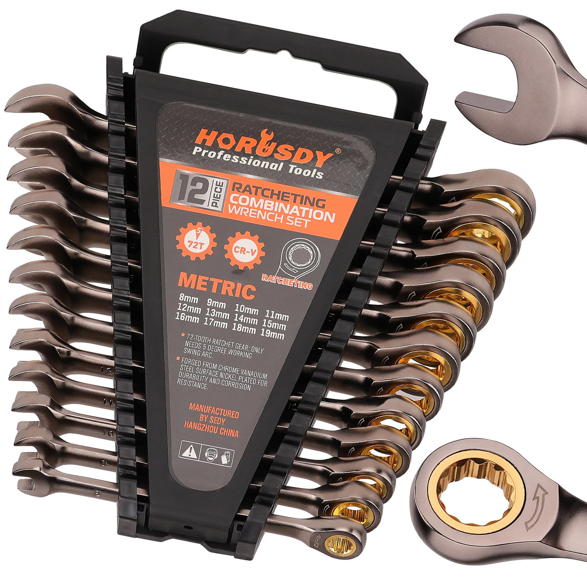 HORUSDY 12-piece metric ratcheting wrench set in case for easy transport and quick access.