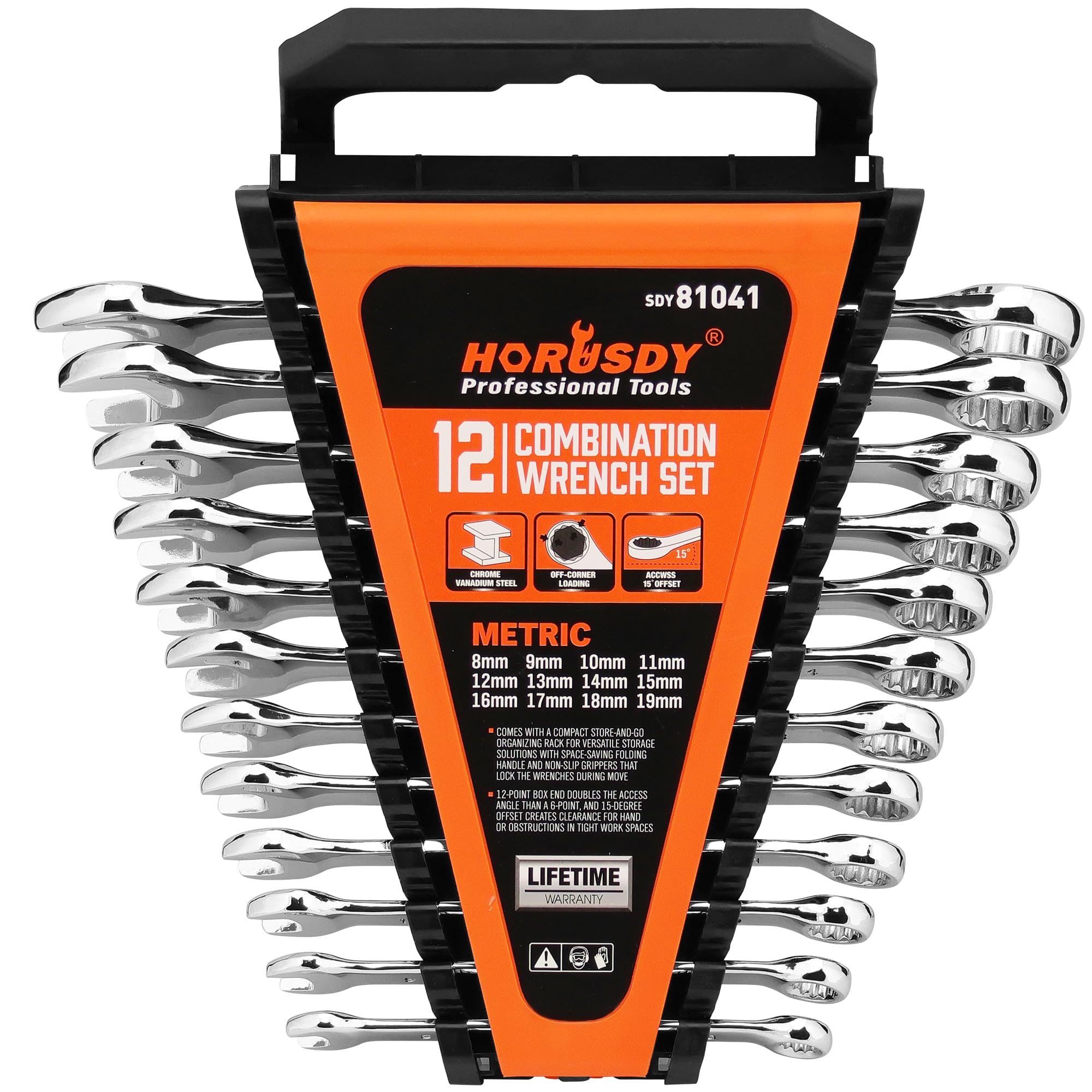 HORUSDY 12-piece metric wrench set organized in a sturdy rack for quick tool access.