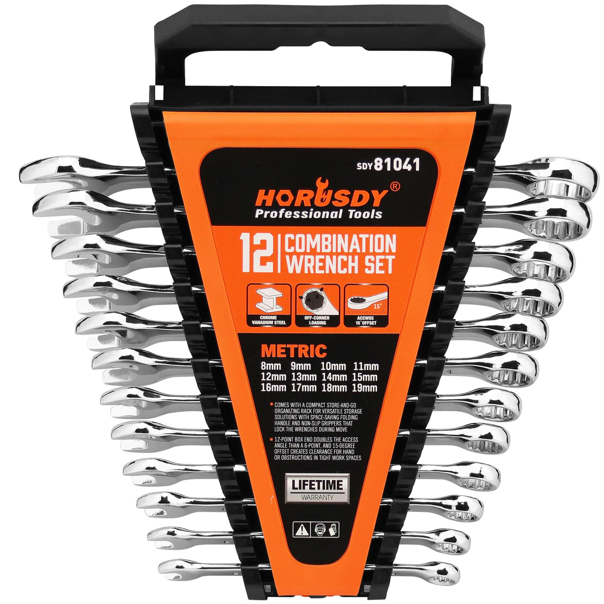 HORUSDY 12-piece metric wrench set organized in a sturdy rack for quick tool access.