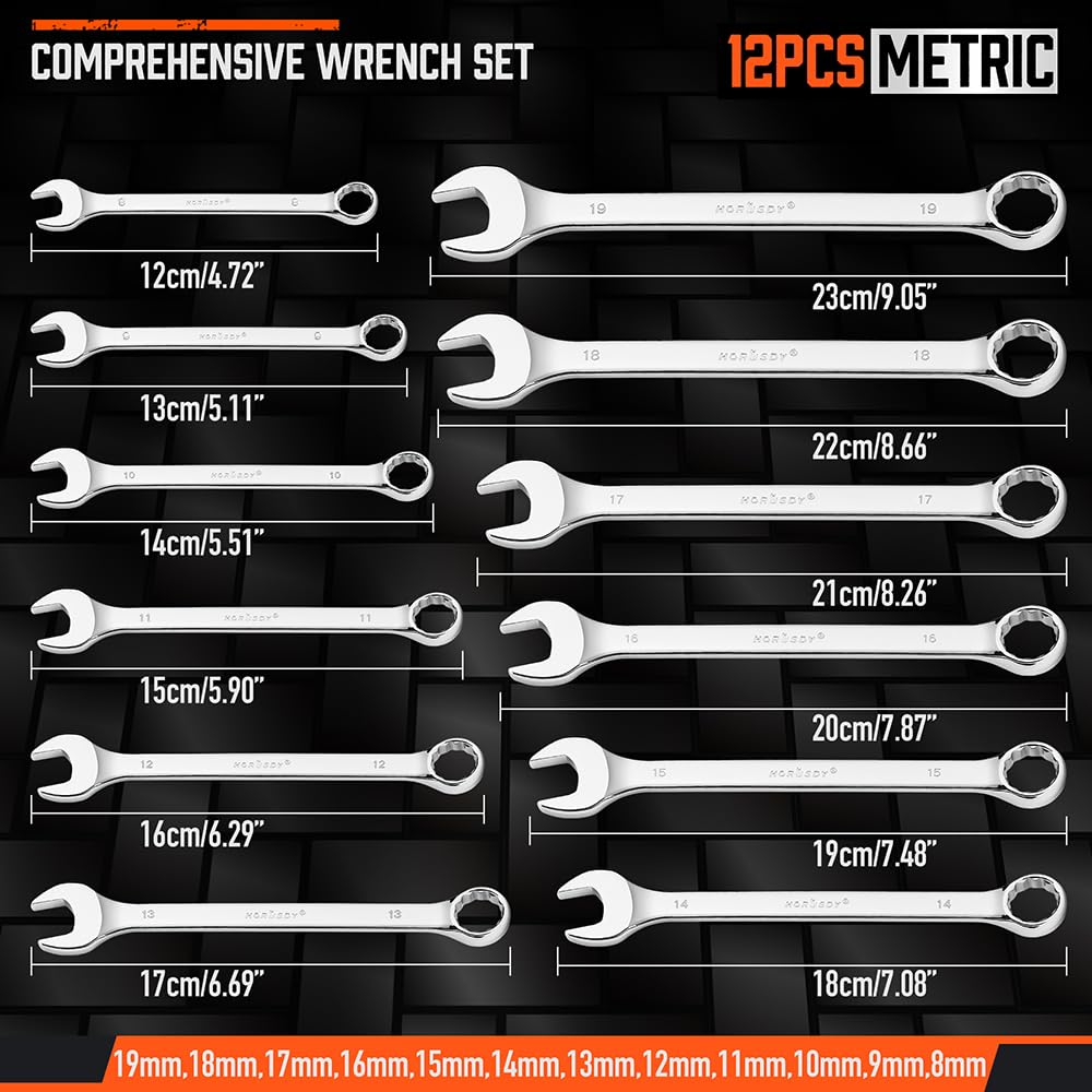 HORUSDY 12-point box-end wrenches with 15-degree offset for tight spaces.