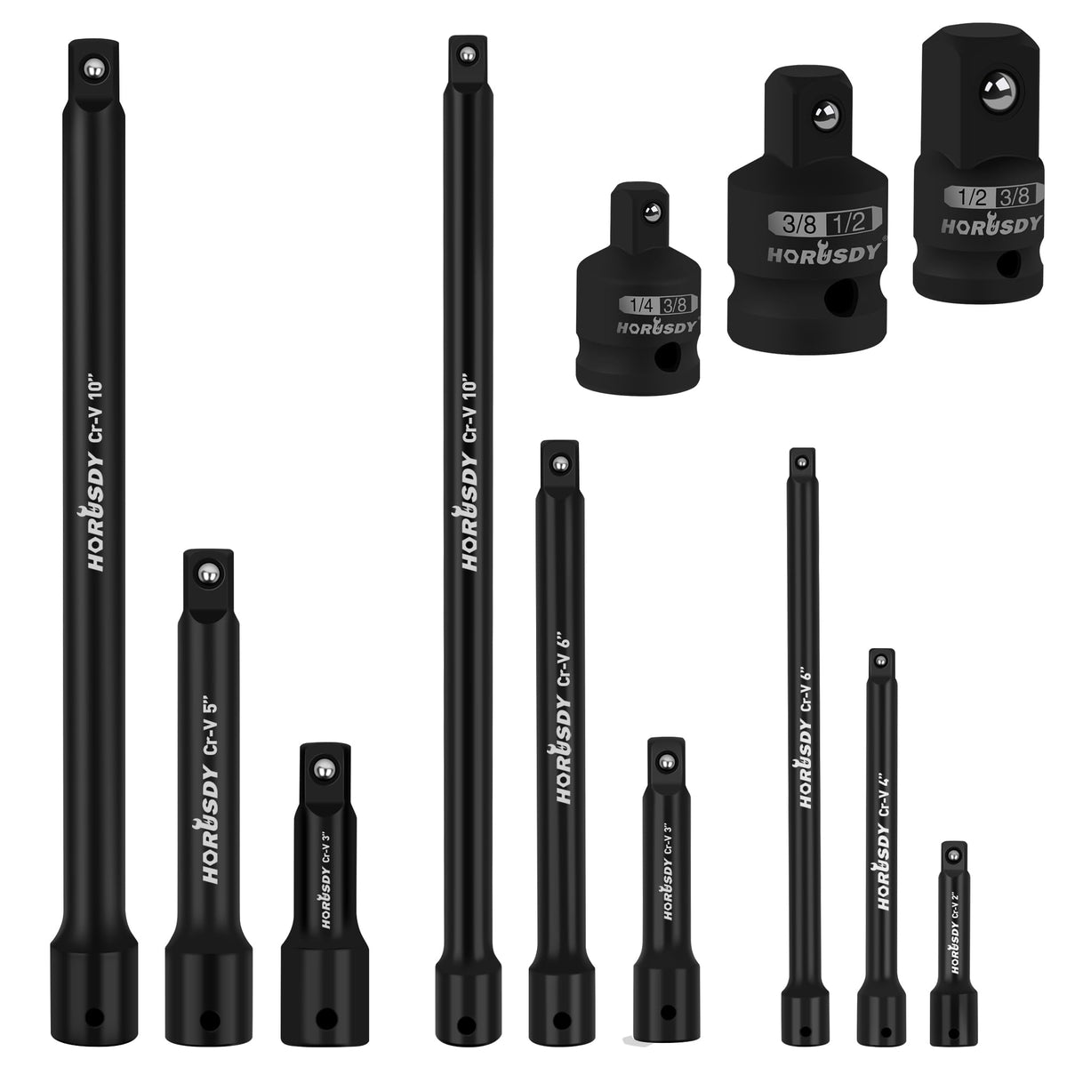 HORUSDY 12-piece socket extension set with varied lengths for versatile automotive and home projects.