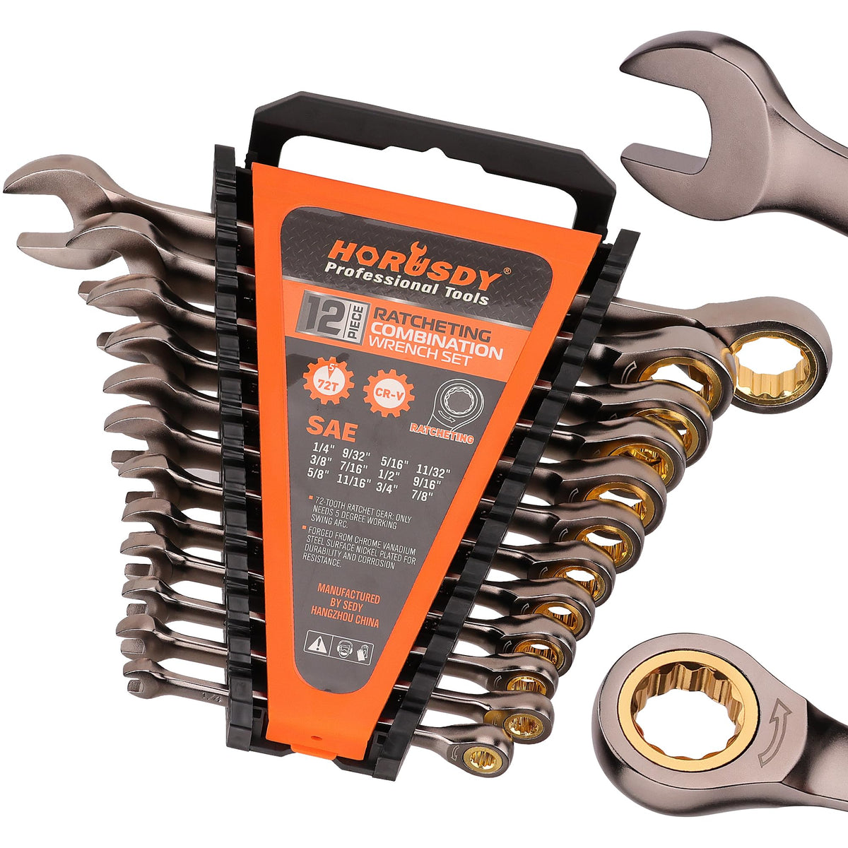 HORUSDY 12-piece SAE ratcheting wrench set front view with organizer