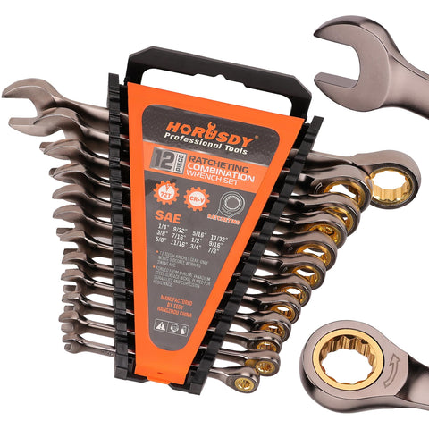 HORUSDY 12-piece SAE ratcheting wrench set front view with organizer