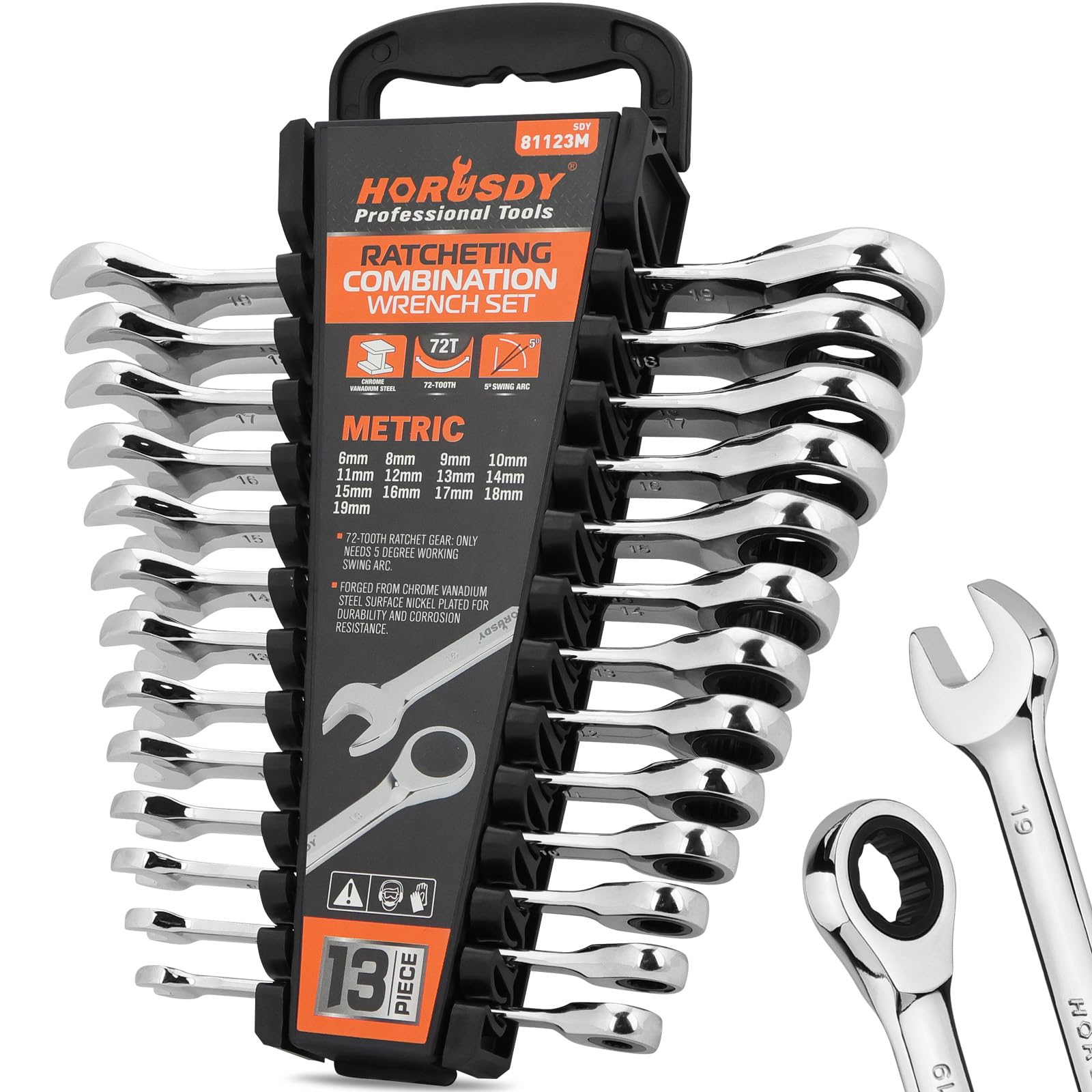 HORUSDY 13-piece ratcheting wrench set in storage rack for quick access