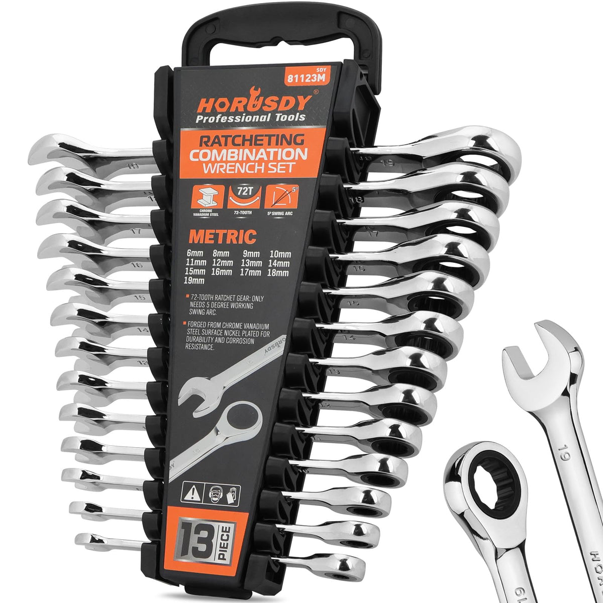 HORUSDY 13-piece ratcheting wrench set in storage rack for quick access