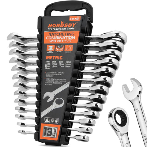 HORUSDY 13-piece ratcheting wrench set in storage rack for quick access