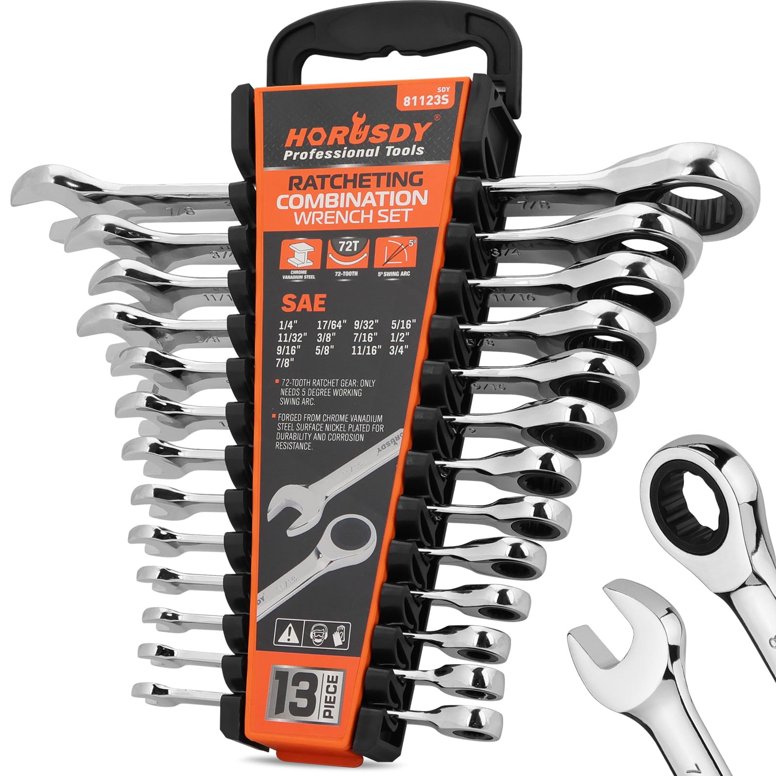 HORUSDY 13-piece ratcheting wrench set offers versatile 1/4–7/8 inch sizes for automotive work