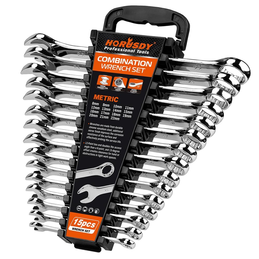 HORUSDY 15-piece metric wrench set with storage rack for organized tool access.