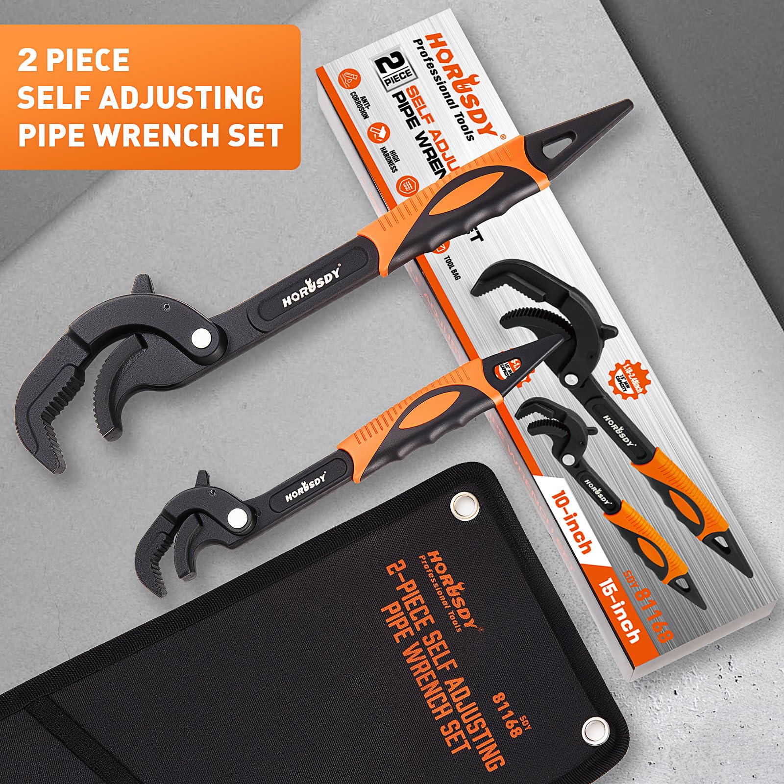 HORUSDY 15-inch self-adjusting pipe wrench jaw opening handles larger pipes.