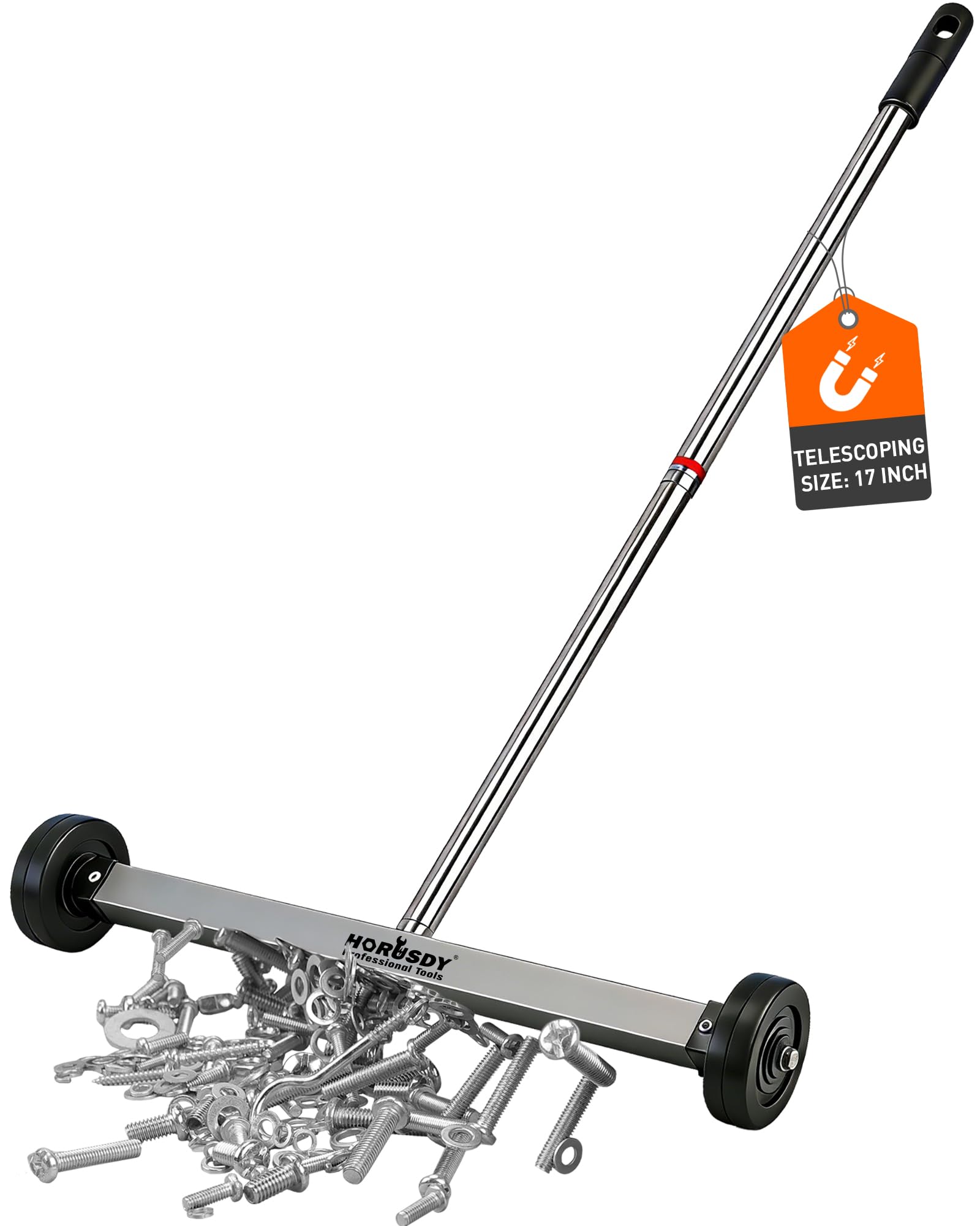 HORUSDY 17-Inch magnetic sweeper with wide magnet captures nails and screws efficiently.