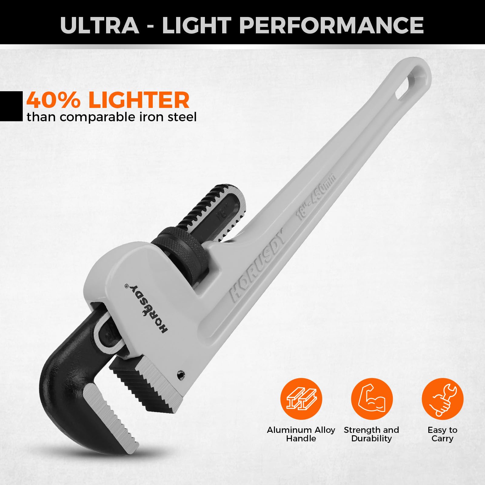 HORUSDY 18-inch aluminum pipe wrench delivers strong leverage for larger pipes.