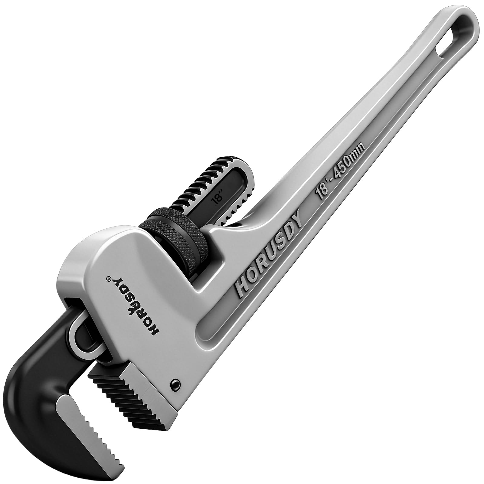 HORUSDY 18-inch aluminum pipe wrench front view shows lightweight design for easy handling
