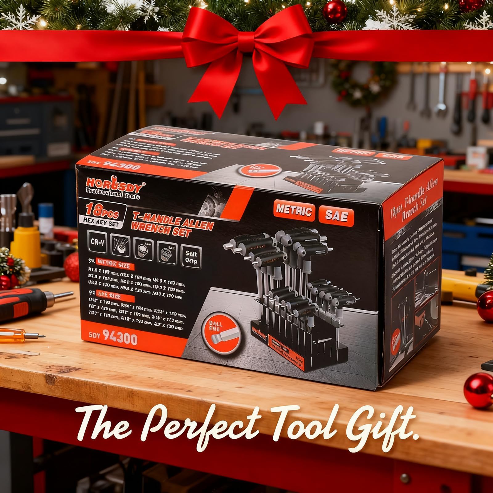 HORUSDY 18-piece T-handle set with ball-end inch wrenches for versatile fastener access.