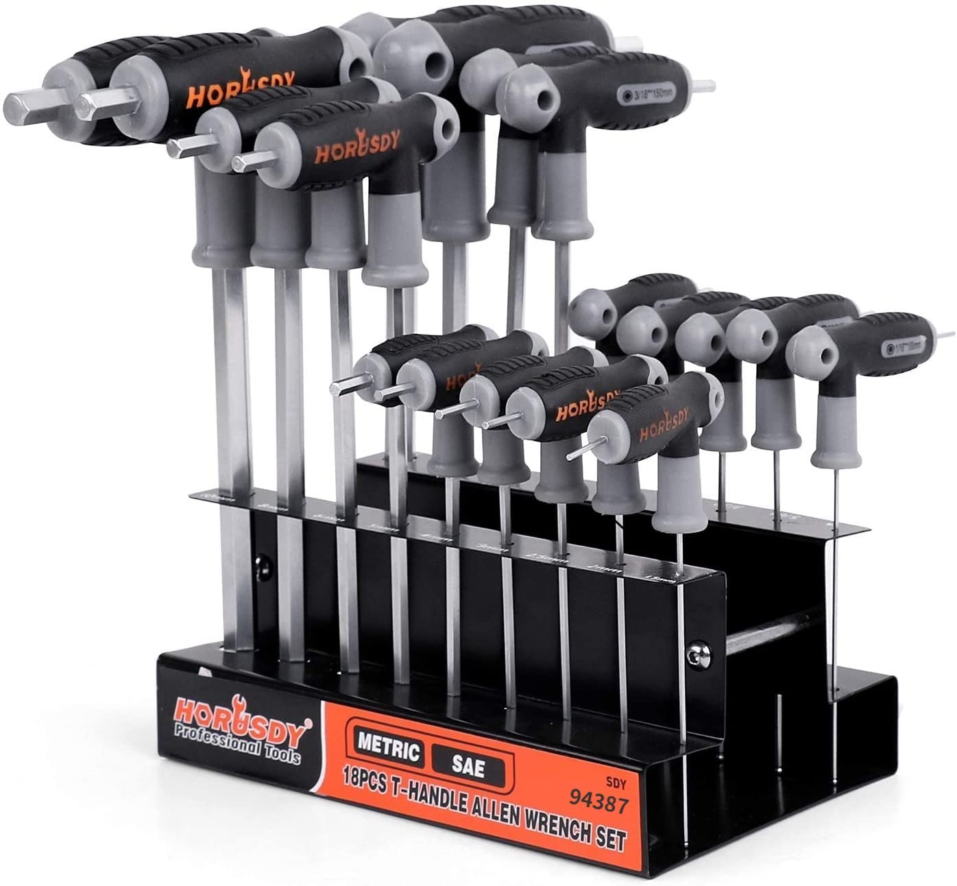 HORUSDY 18-piece T-handle set with ball-end metric wrenches for smooth multi-angle reach.
