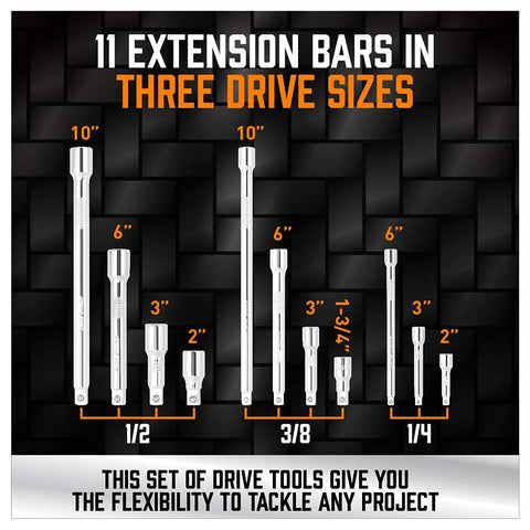 HORUSDY extension set, 1/2 drive, chrome finish for high-torque tasks.