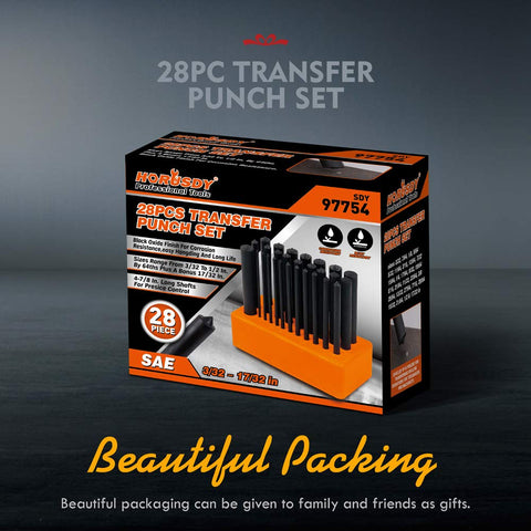 HORUSDY 3-32 to 1-2 inch punch range close-up for precise marking and drilling alignment.