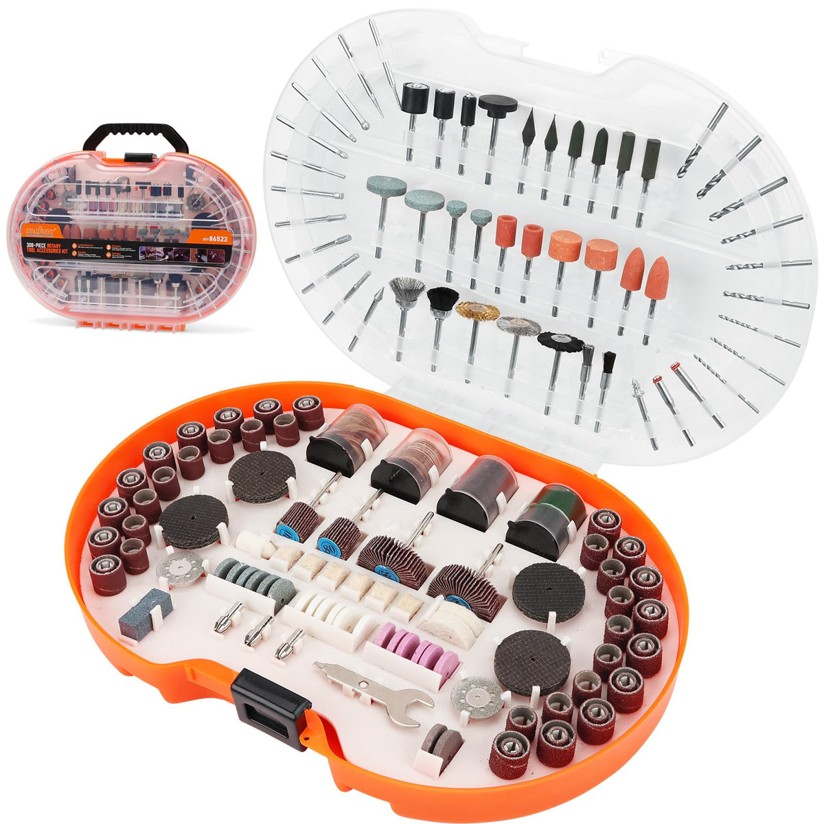 HORUSDY 308-piece rotary tool kit case open, organized for easy access during projects.