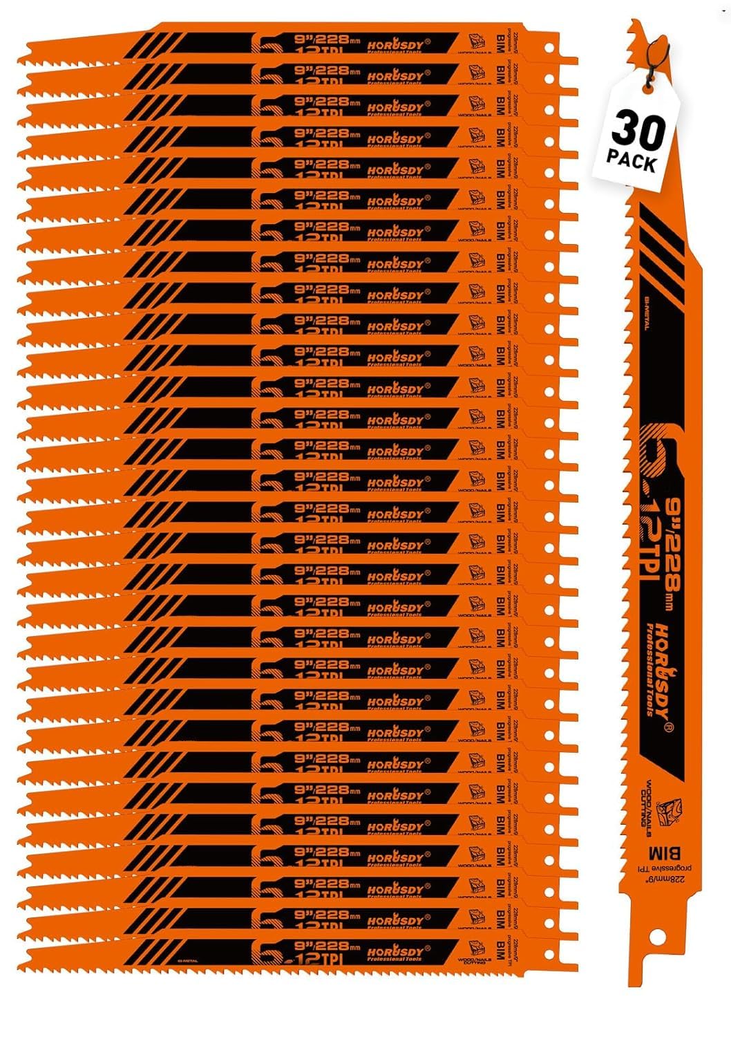 HORUSDY 30-pack 9-inch blades organized in a sturdy case for quick wood cutting jobs