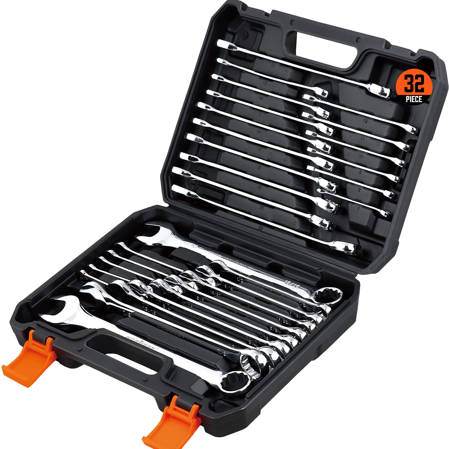 HORUSDY 32-piece wrench set in case showing SAE and Metric sizes for versatile repairs.